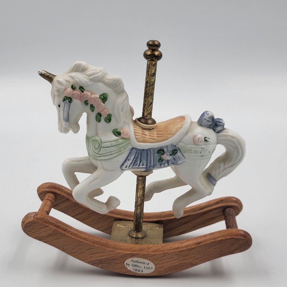 1993 Giftec Musical Carousel Unicorn Horse Wood Rocking Stand Vtg Music Box